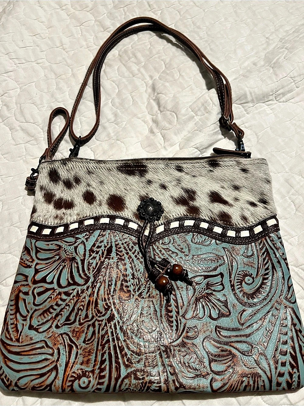 Myra Bag Paisley Cowhide Shoulder Bag in Brown & Blue